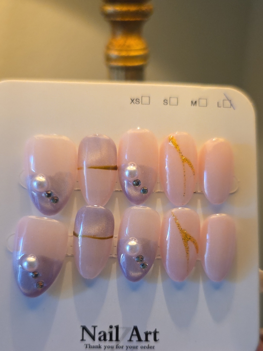 Nail Art Press-On Set - Pink Pearl Accent Size Large